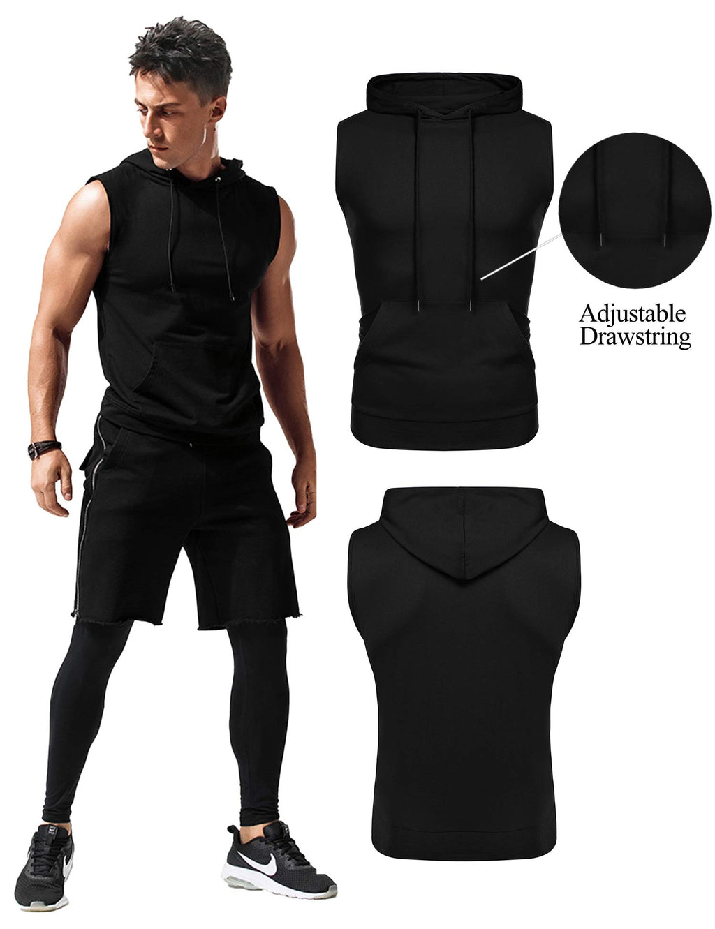 Babioboa Men's Hooded Tank Top Muscle Cut Off Gym Vest Training Hooded Bodybuilding Fitness Shirt Black
