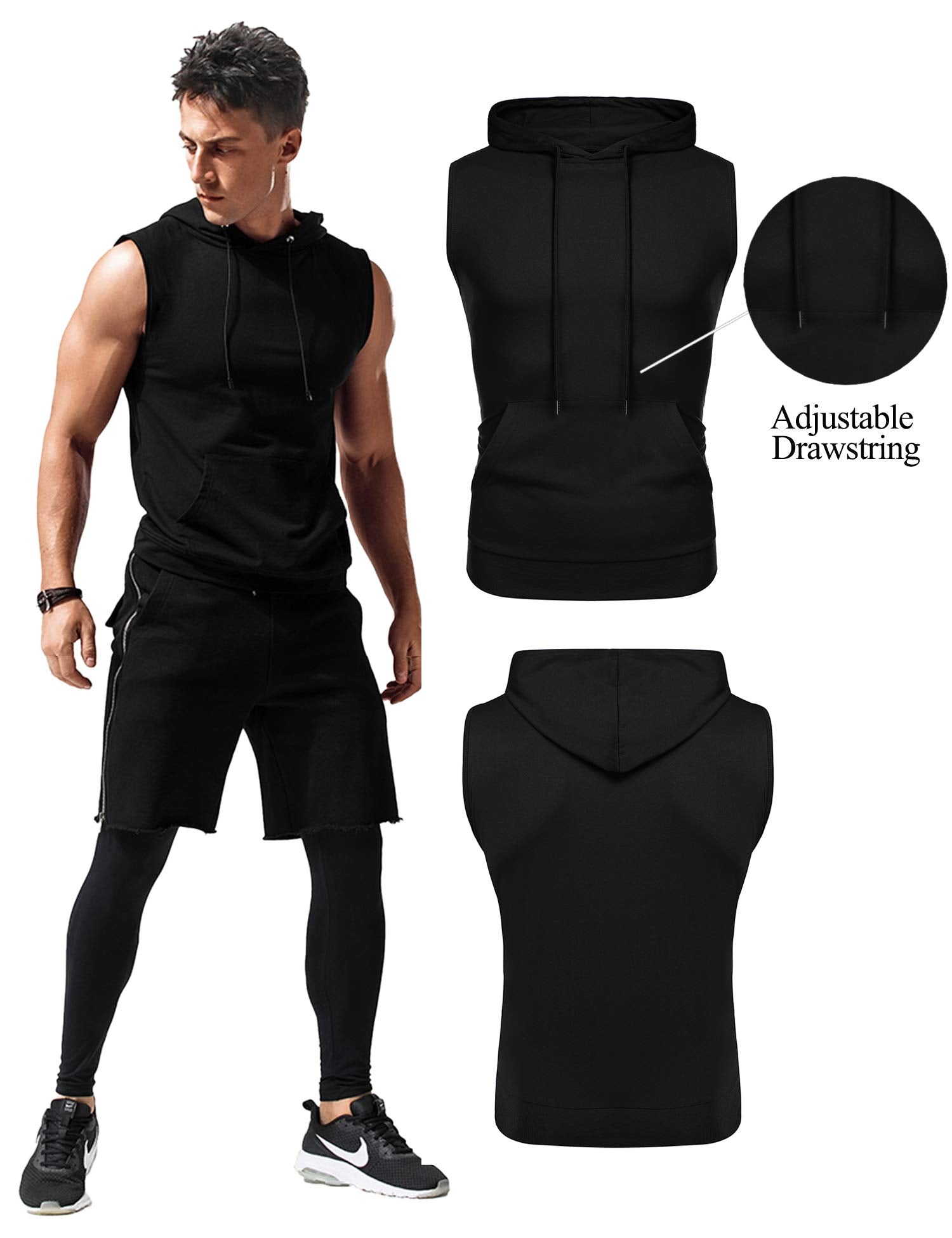 Babioboa Men's Hooded Tank Top Muscle Cut Off Gym Vest Training Hooded Bodybuilding Fitness Shirt Black