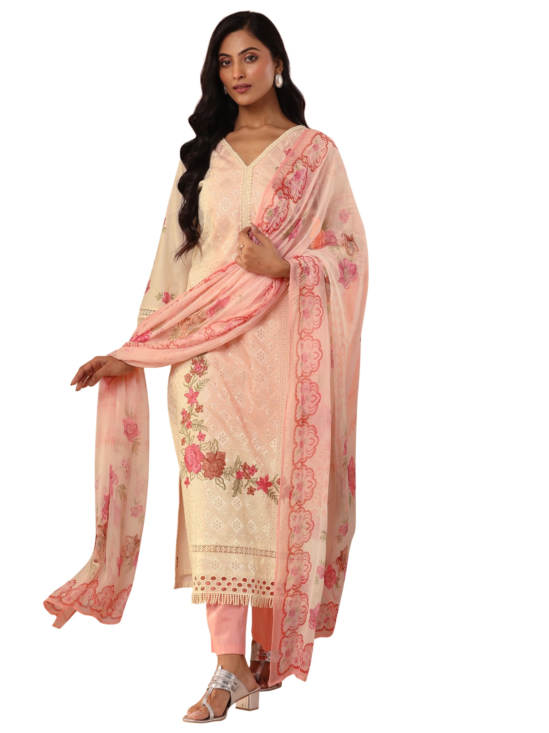 Libas Art Womens Embroidered Cotton Straight Kurta With Trousers and Dupatta
