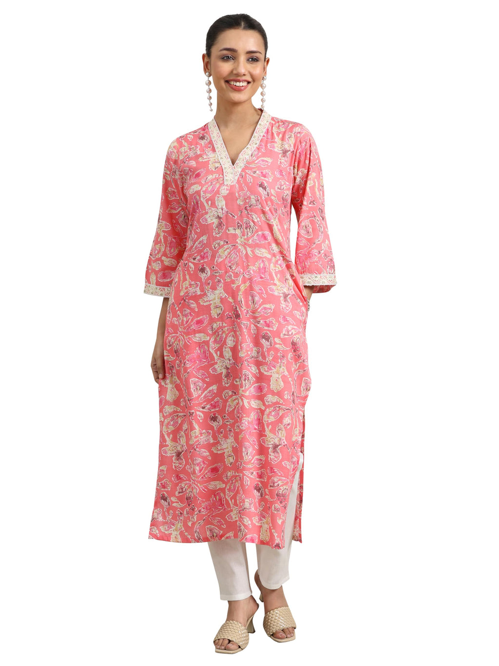 Libas Womens Printed Cotton Blend Straight Kurta For Women Pink