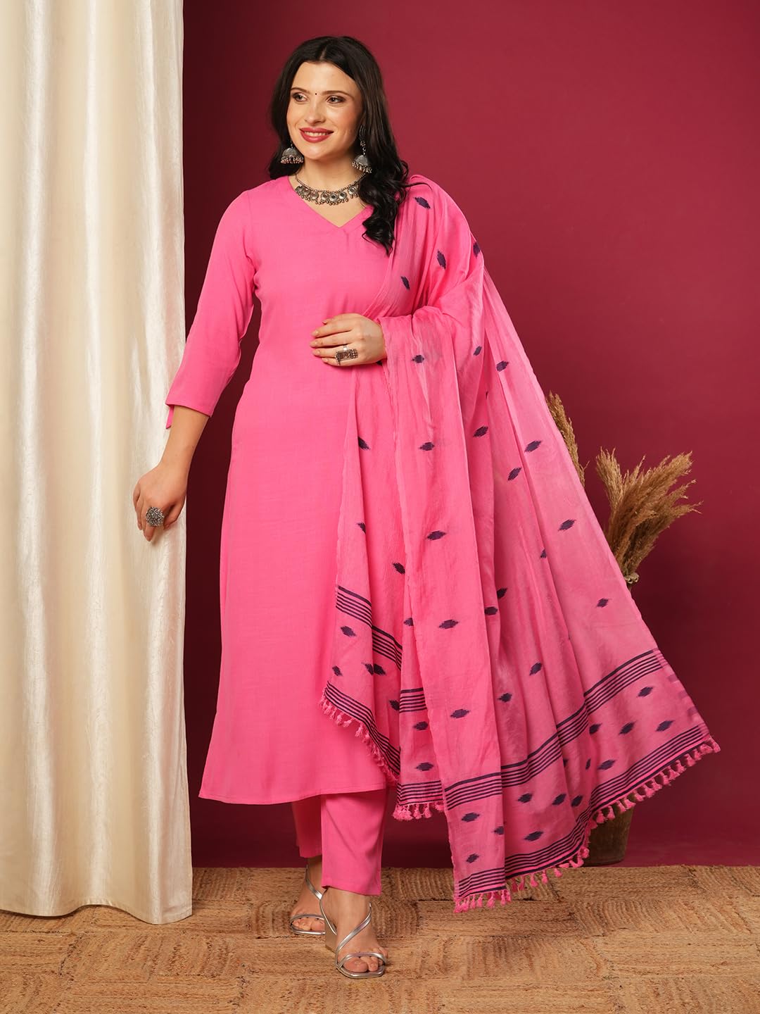 ANNI DESIGNER Ladies Viscose Rayon Kurta with Trousers and Dupatta, pink, L