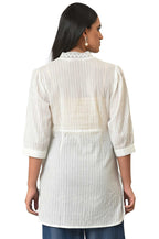 Aurelia Womens Solid Regular White Striped Cotton V-Neck Kurti (23FEA30336-605281
