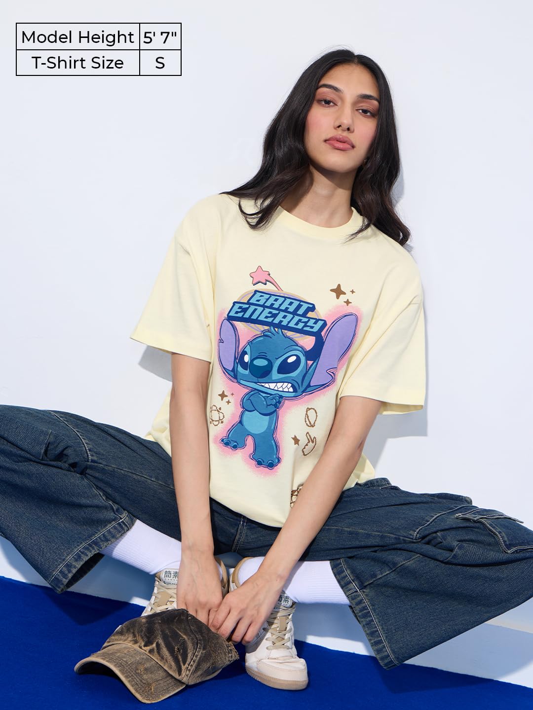 The Souled Store Lilo & Stitch: Brat Energy Women and Girls Short Sleeves Round Neck Off White Graphic Printed Cotton Oversized