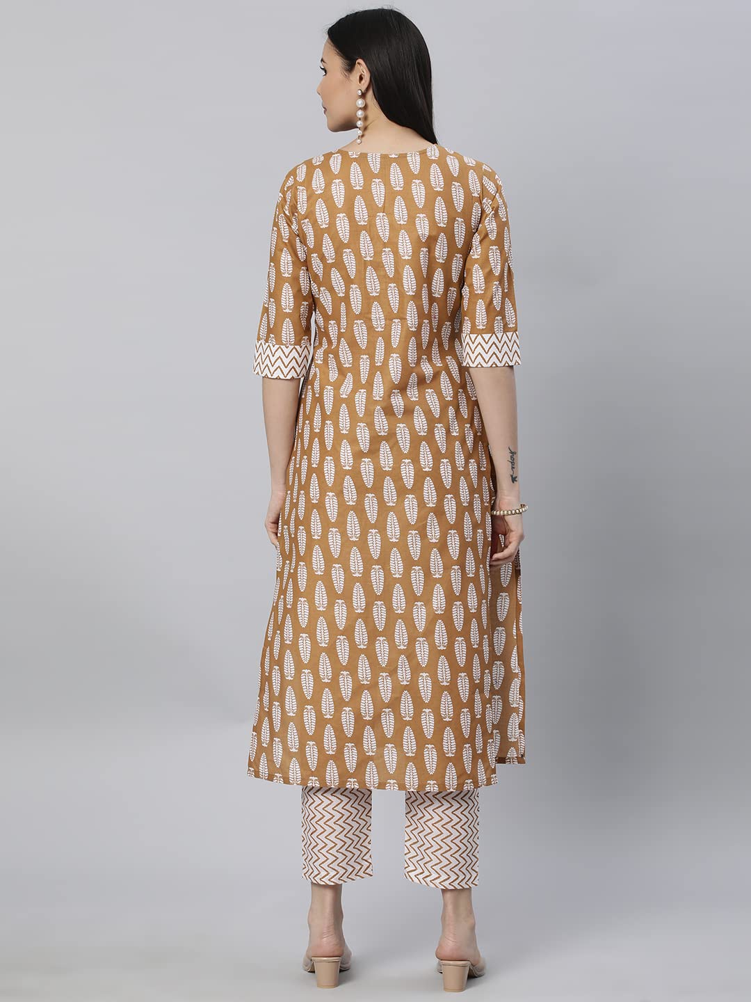 ANNI DESIGNER Womens Cotton Blend Traditional Straight Printed Kurta and Pant Set (Danapa Mustard_S_Mustard_Small)