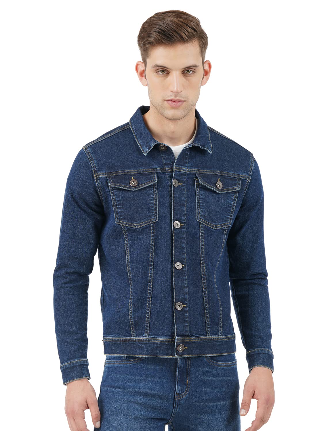 INKD Mens Trucker Cotton Blend Jacket (INKSS23MJCKT-0012_Aegean_Large)