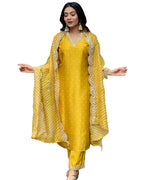 ANNI DESIGNER Women s Straight Printed Rayon Blend Kurta with Trousers and Dupatta