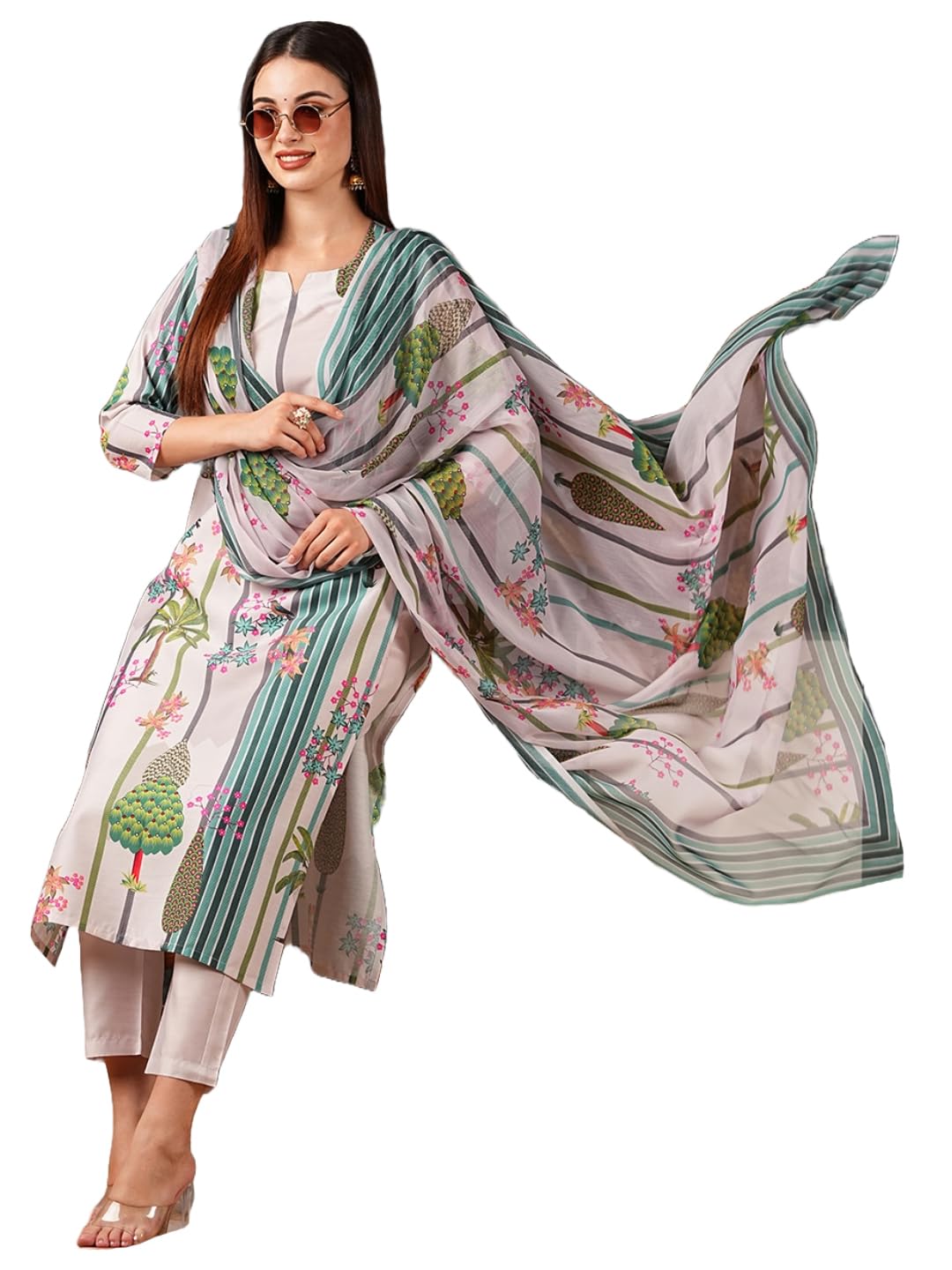 ANNI DESIGNER Womens Cotton Blend Straight Printed Kurta with Pant & Dupatta (Darur Green_S_Green_Small)
