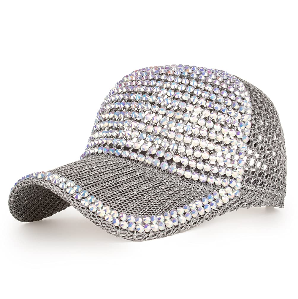 Women Men Studded Rhinestone Crystals Adjustable Ponytail Mesh Baseball Cap Shiny Bling Casual Sports Cap Breathable Sun Hat, B 7-712