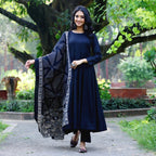 ANNI DESIGNER Women s Anarkali Plain Rayon Blend with Trousers and Dupatta, Light Brown::Blue, S