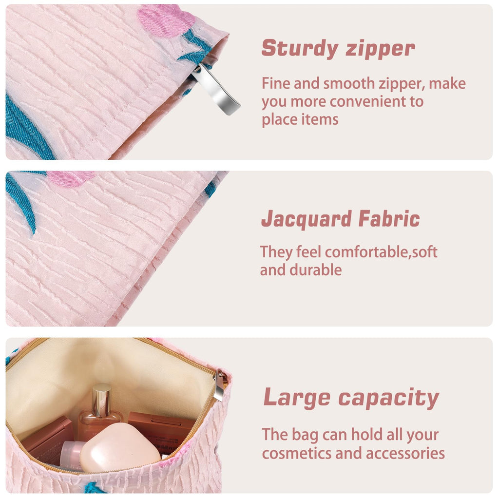 ZLFSRQ Tulip Makeup Bag Travel Cute Pink Flower Floral Cosmetic Bags for Women Large Embroidery Makeup Pouch Zipper Cosmetic Pou