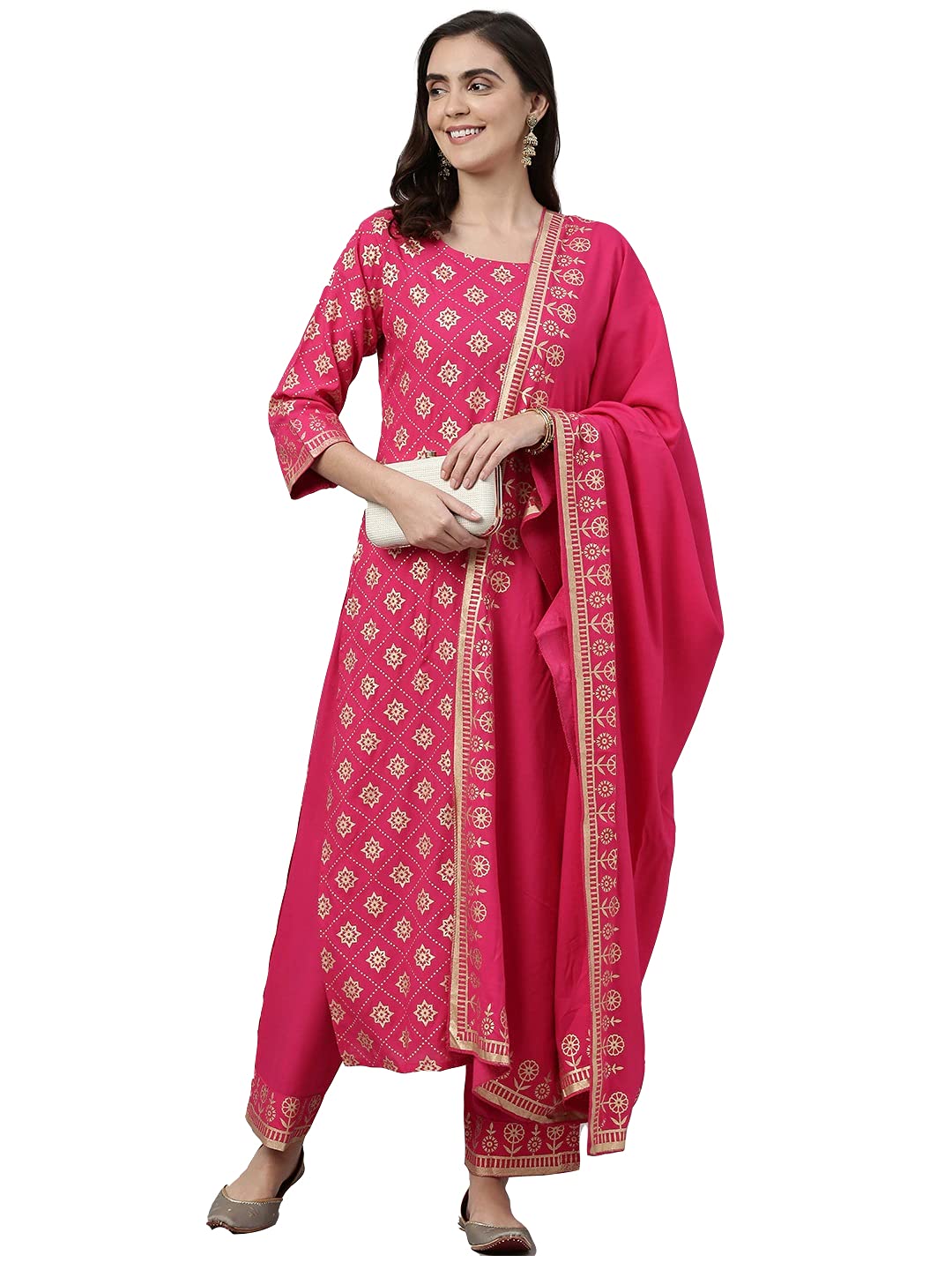 Gosriki Women'S Rayon Foil Printed Kurta And Palazzos & Dupatta(Navlik-New-Pink_Xxl-Pink_Xx-Large)