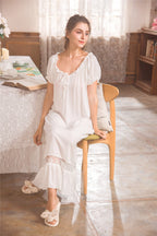 Flaydigo Women Nightdress,Short Sleeve Vintage Nightgown Victorian Sleepwear Lounge Dress, White, Large
