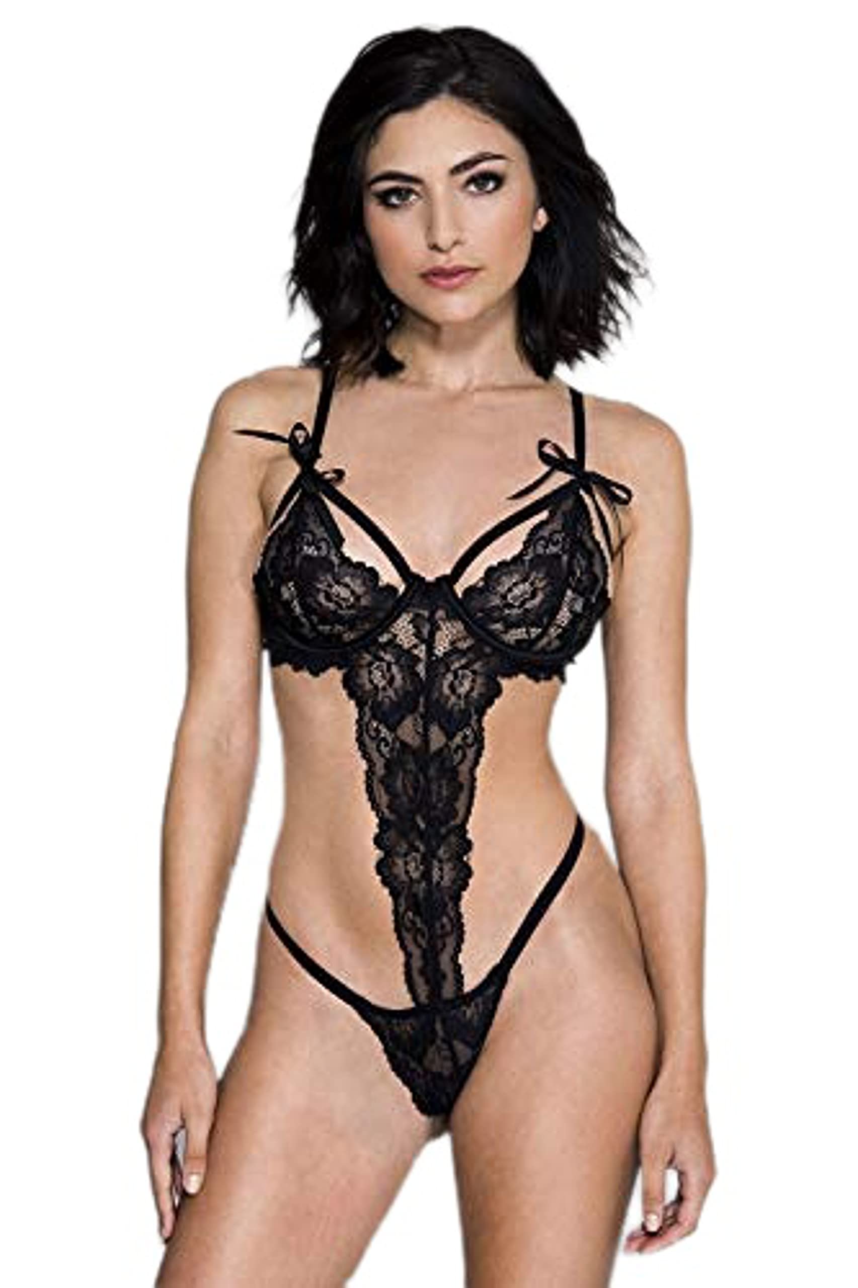 Music Legs 80017-BLACK Lace Cup Teddy with Matching Hand Cuffs - Black