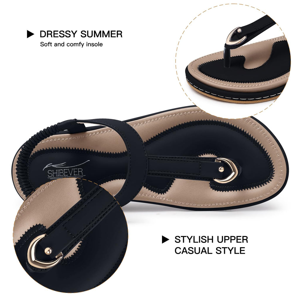 SHIBEVER Womens Sandals Summer Flat: Dressy Casual T-Strap Flip Flop Thong Flat Sandals - Black Size 6 Comfortable Walking