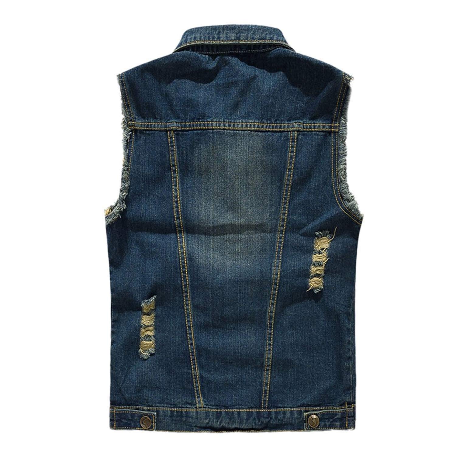 NASKY Men's Fit Retro Ripped Denim Vest Sleeveless Lapel Jean Vest Jacket Waistcoat Top(XX-Large,Dark blue)