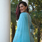 ANNI DESIGNER Womens Cotton Blend Printed Straight Kurta with Pant & Dupatta (Sky Bird-Blue_S_Blue_Small)