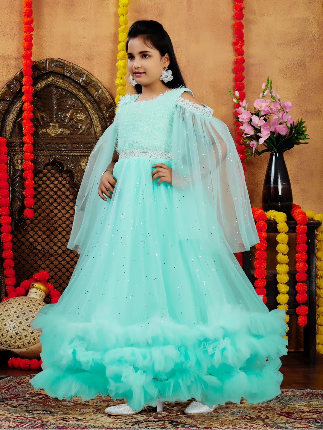 Aarika Girls Sea Green Colour Emballished Net Gown (4-11 Years)
