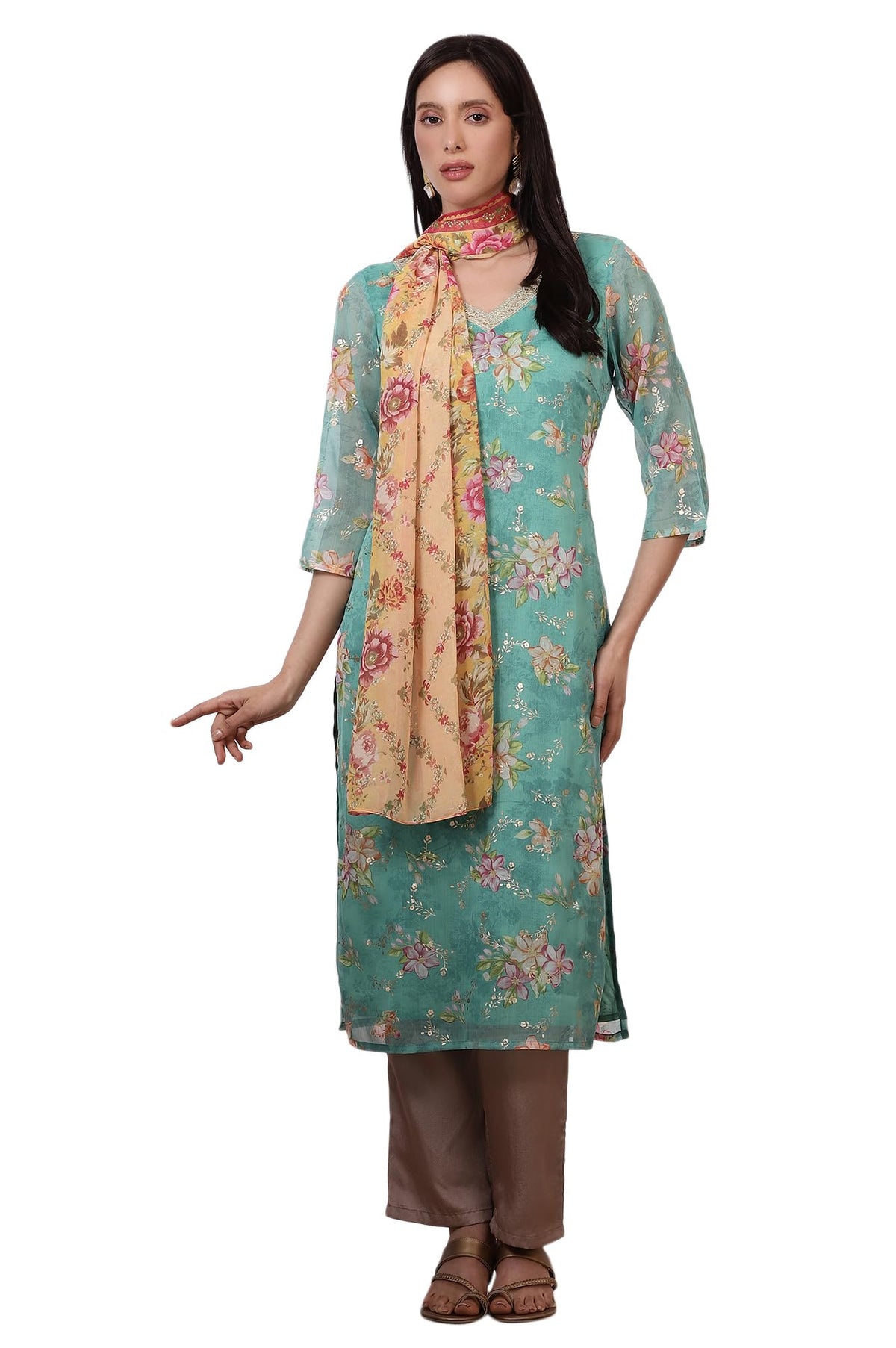 Aurelia Womens Multicoloured Bold Floral Printed Georgette Dupatta