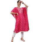 Ishin Women'S Cotton Pink & White Zari Embroidered Kaftan Kurta Trouser Set