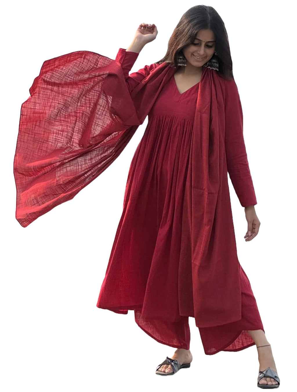 Anni Designer Women'S Rayon Viscose A-Line Solid Kurta With Palazzo & Dupatta (Nibar Red_S_Red_Small)