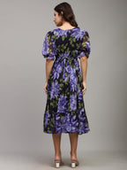 Shasmi Girls & Womens Chiffon Printed Midi Dress, Square Neck, Puff Sleeves, Navy Blue Floral Pattern, A-Line Summer Casual Dr