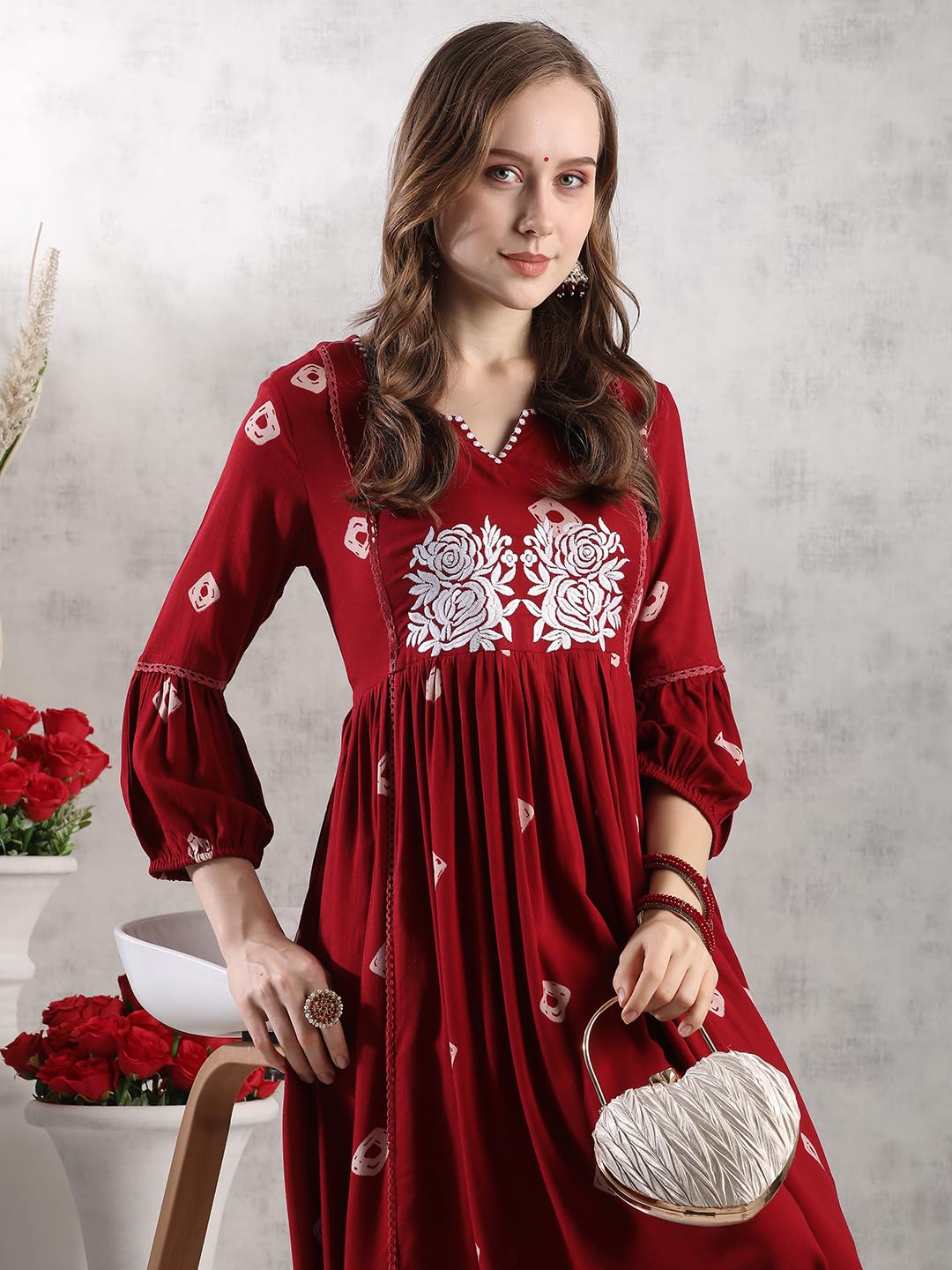 ANNI DESIGNER Women s Anarkali Printed Rayon Blend Kurta with Pants, Burgundy, Small