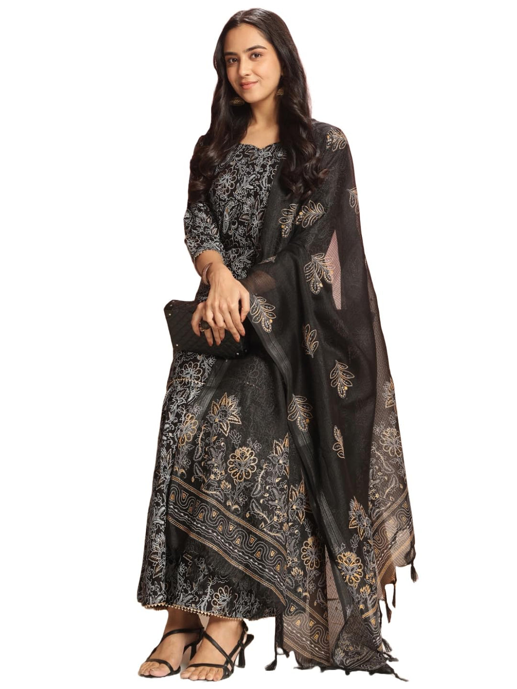 ANNI DESIGNER Women's Rayon Viscose Straight Printed Kurta with Sharara & Dupatta (NIRANJANA BLACK-VKS01_L_Black_Large)