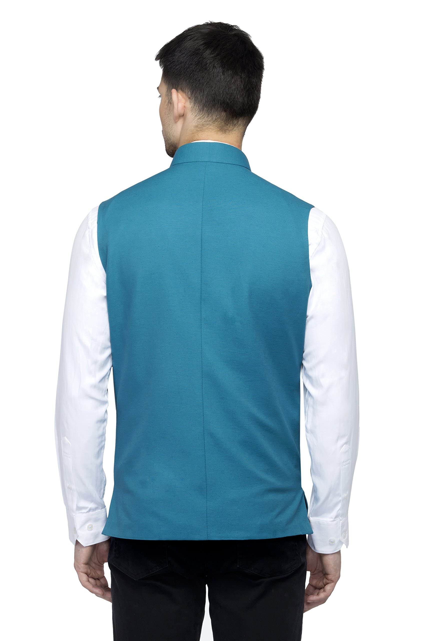 Favoroski Sleeveless Nehru Jacket With Mandarin Collar Waistcoat For Men (Blue_38)