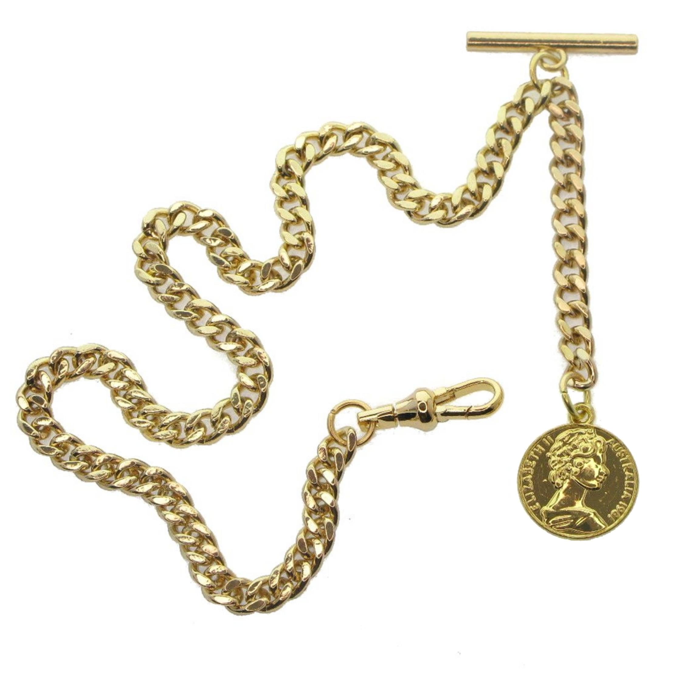 watchvshop Albert Chain Gold Tone Pocket Watch Chain Vest Chain for Men Fob T Bar with Swivel Clasp with Queen Design Medal Fob 