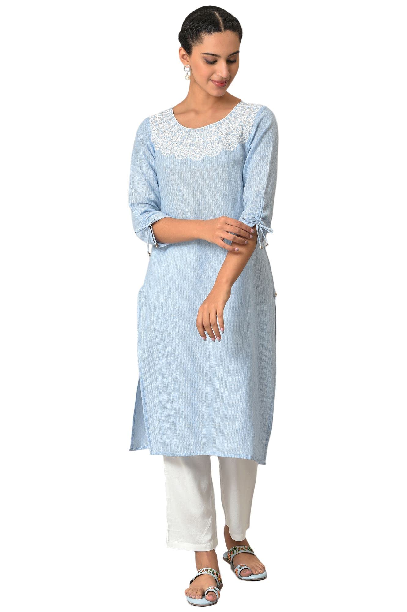 Blue Cotton Round Neck Embroidered Kurta