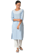 Blue Cotton Round Neck Embroidered Plus Size Kurta