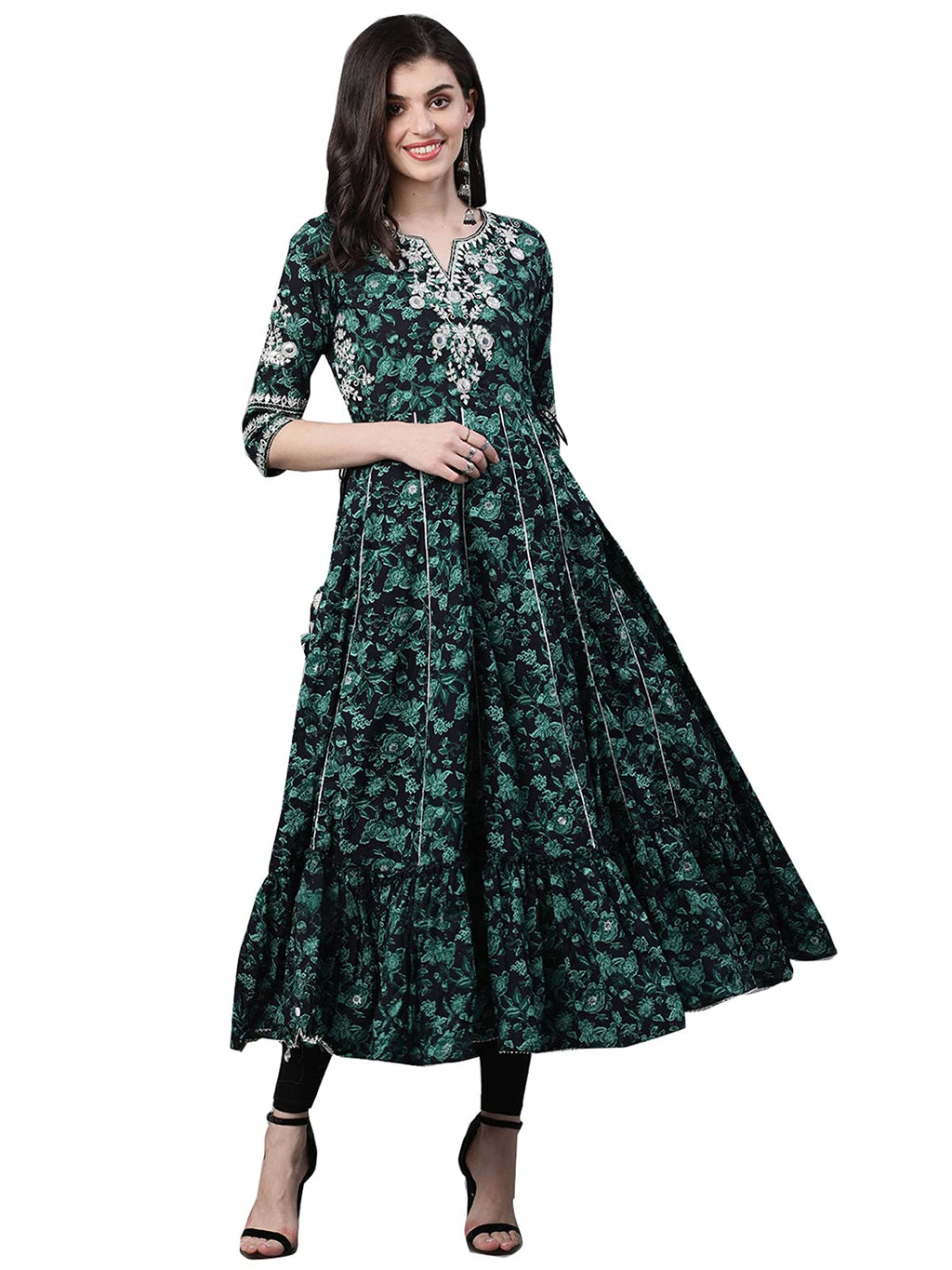 Ishin Women'S Cotton Navy Blue Embellished Anarkali Kurta