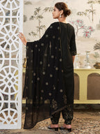 Sanisa Womens Cotton Blend Sequence Embroidery Work Straight Kurta With Pant And Dupatta Set