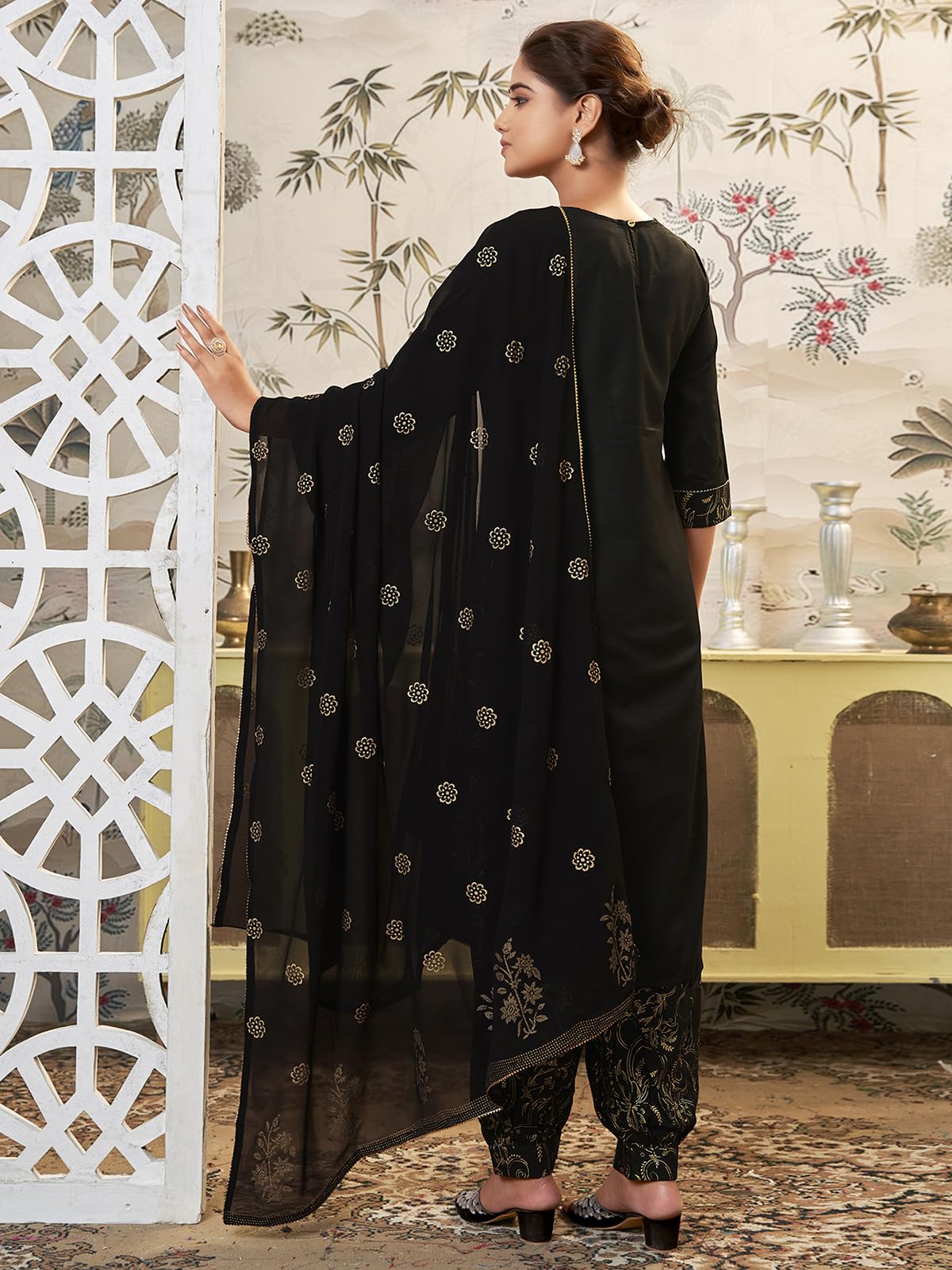 Sanisa Womens Cotton Blend Sequence Embroidery Work Straight Kurta With Pant And Dupatta Set