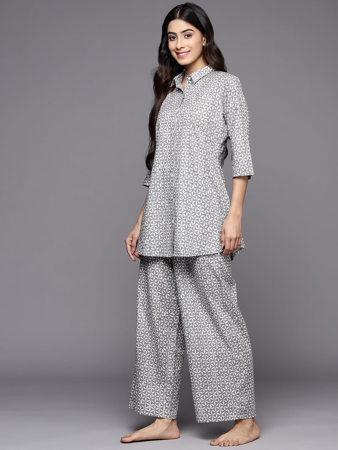 Libas Womens Printed Cotton Night Suit Set For Women Grey
