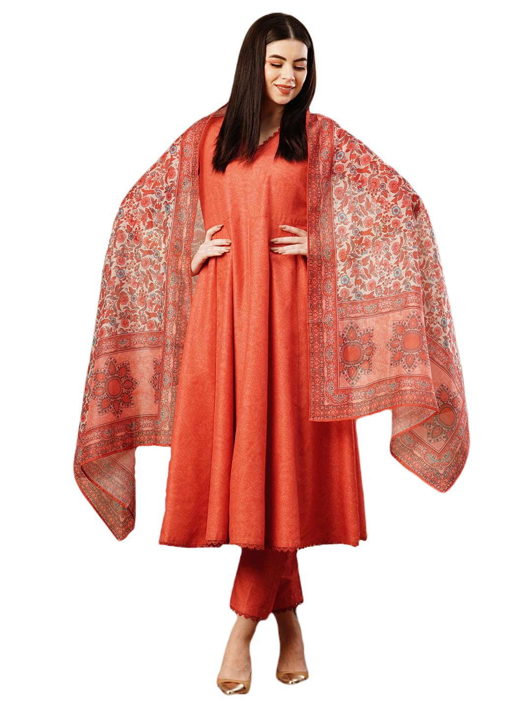 ANNI DESIGNER Womens Cotton Blend Anarkali Solid Kurta with Pant & Dupatta (UTSAV Peach-FKA_3XL_Peach_XXX-Large)