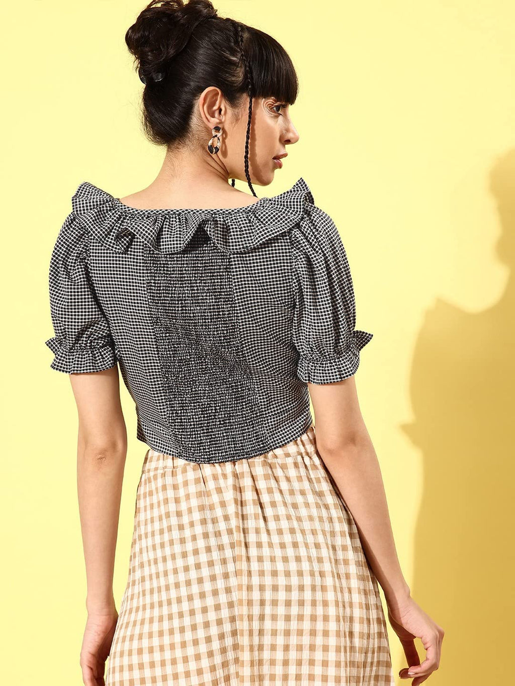 Rare Women Casual Black Colour Boat Neck Checked Regular Top