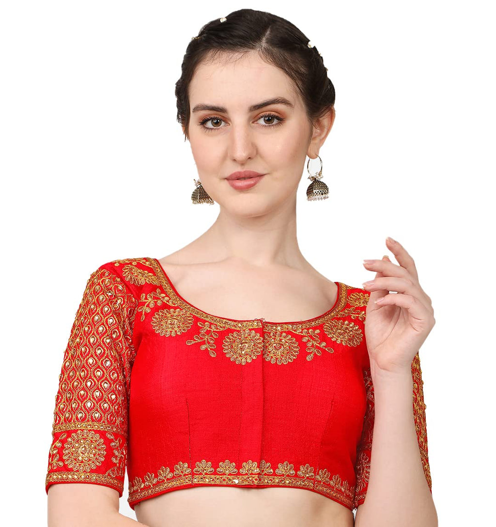 Vihu Fashion Womens Multicolor Heavy Hand Morpankh Sleeves Embroidery Thread Stone Work Phantom Silk Readymade Blouse for Saree