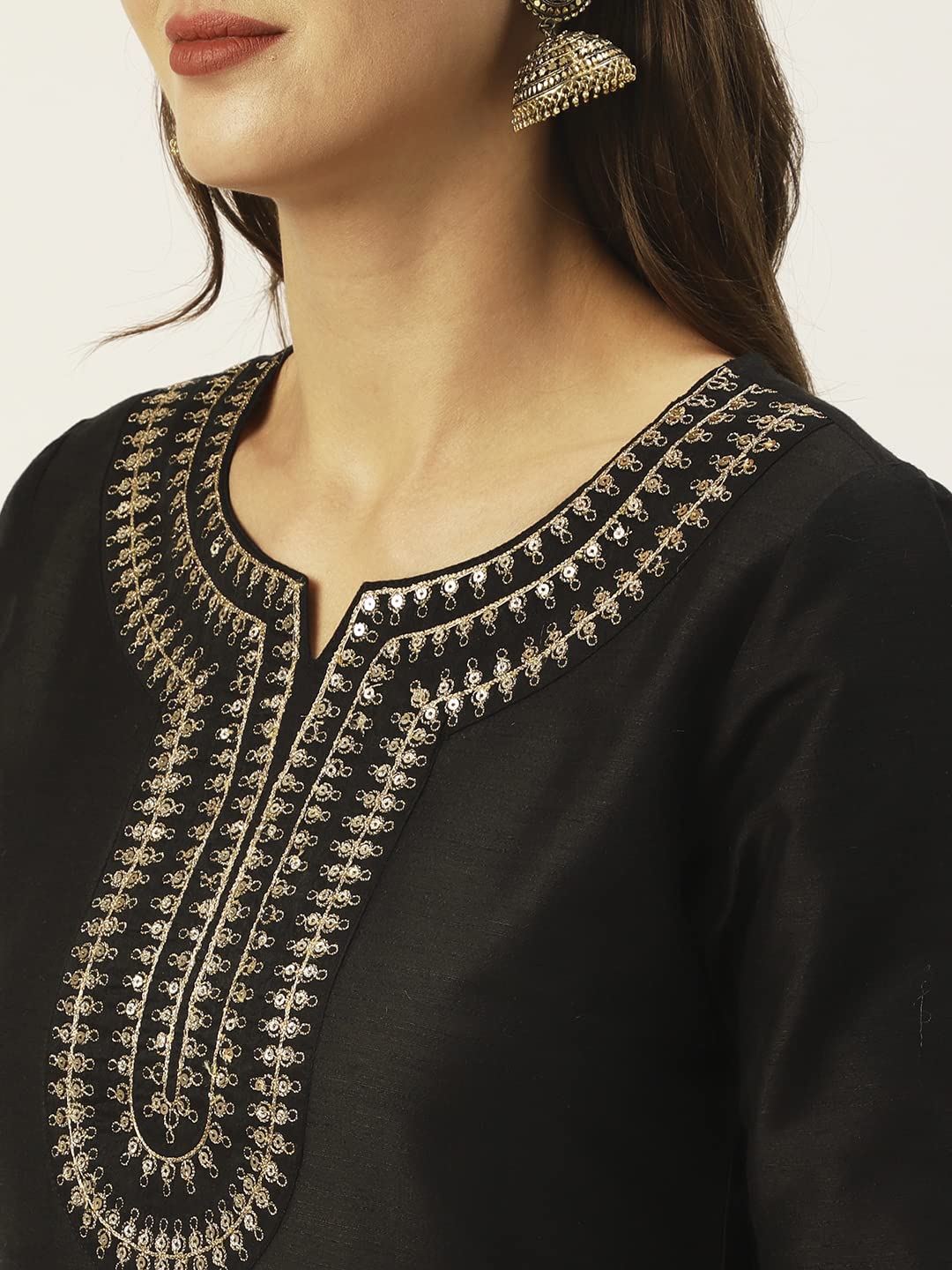 Ishin Womens Silk Blend Straight Yoke Design Sequinned Kurta Set With Dupatta & Trouser