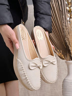 Shoetopia Stylish Comfortable Upper Bow Detailed Cream Slip-On Loafers For Girls-Eu38