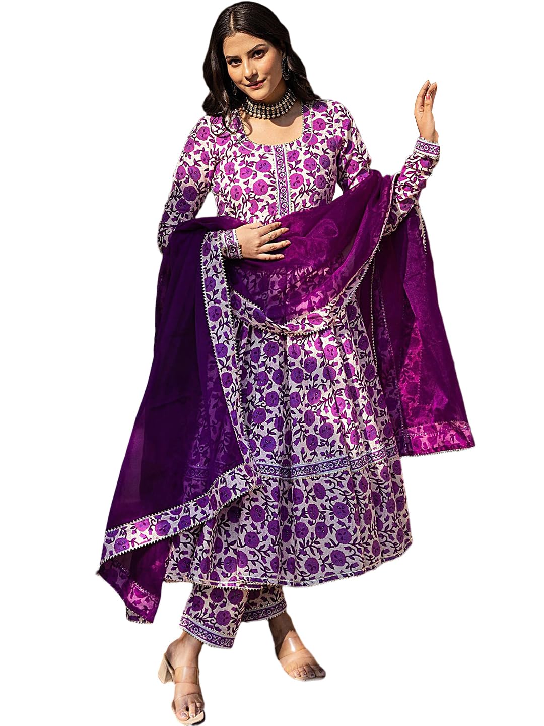Pinkmint Womens Ethnic Muslin Anarkali Long Sleeve Kurta Set Pant with Dupatta l Traditional Suit for Fetive, Wedding Weat Purp