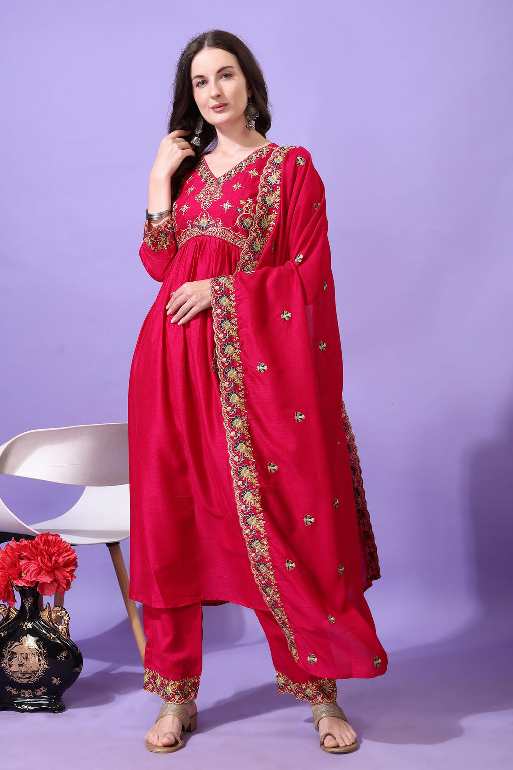 Pratham Blue WomenS Silk Embroidered Anarkali Kurta Palazzos With Dupatta |Kurta Set For Women |Women Kurta |Women Embroidered