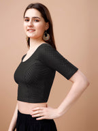 Pujia Mills WomenS Readymade Dobby Cotton Lycra Stretchable Round Neck Half Sleeve Blouse Fancy Black Color Lycra Stretchable B
