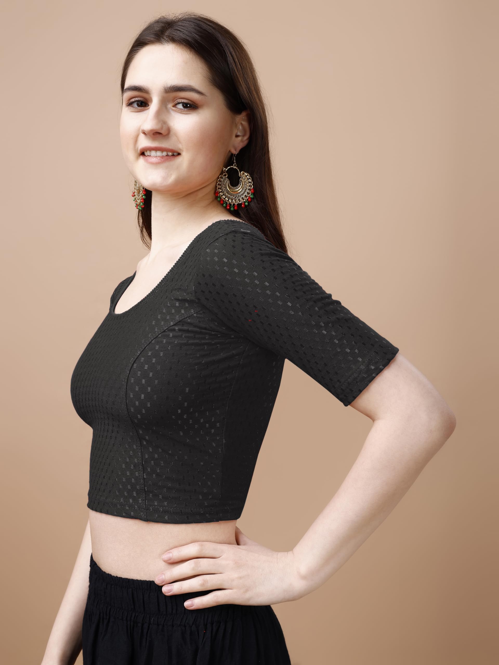Pujia Mills WomenS Readymade Dobby Cotton Lycra Stretchable Round Neck Half Sleeve Blouse Fancy Black Color Lycra Stretchable B