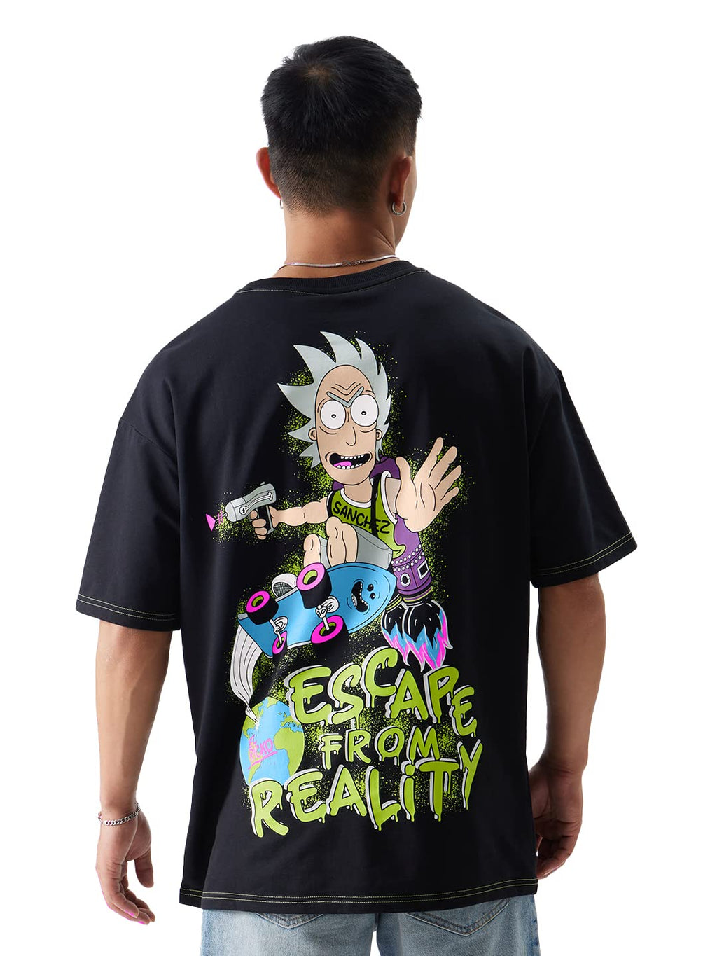 The Souled Store Official Rick & Morty: Escape from Reality Men and Boys Oversized fit Graphic Printed Half Sleeve Cotton Black
