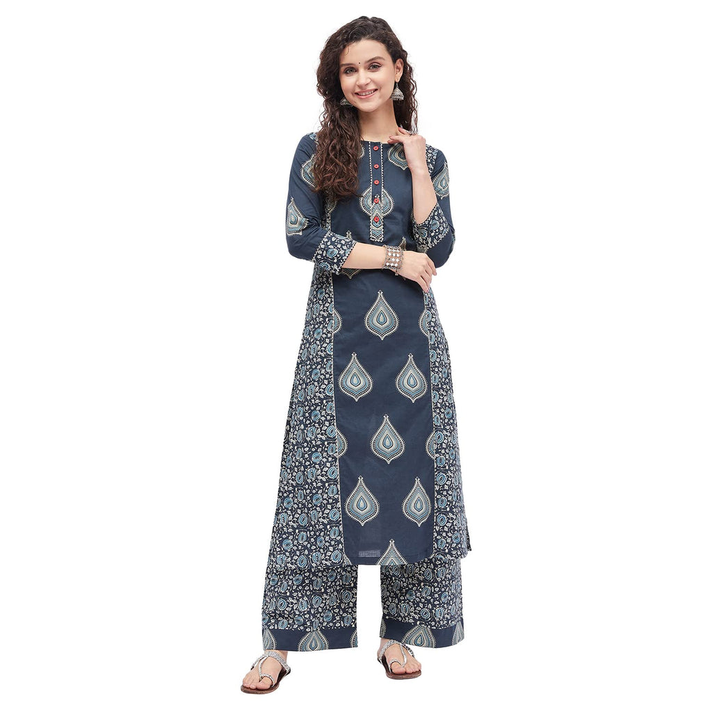 Tissu Women'S Cotton Blue & Sea Green Printed Kurta With Palazzo (Tis-632_Blue_Xxl)