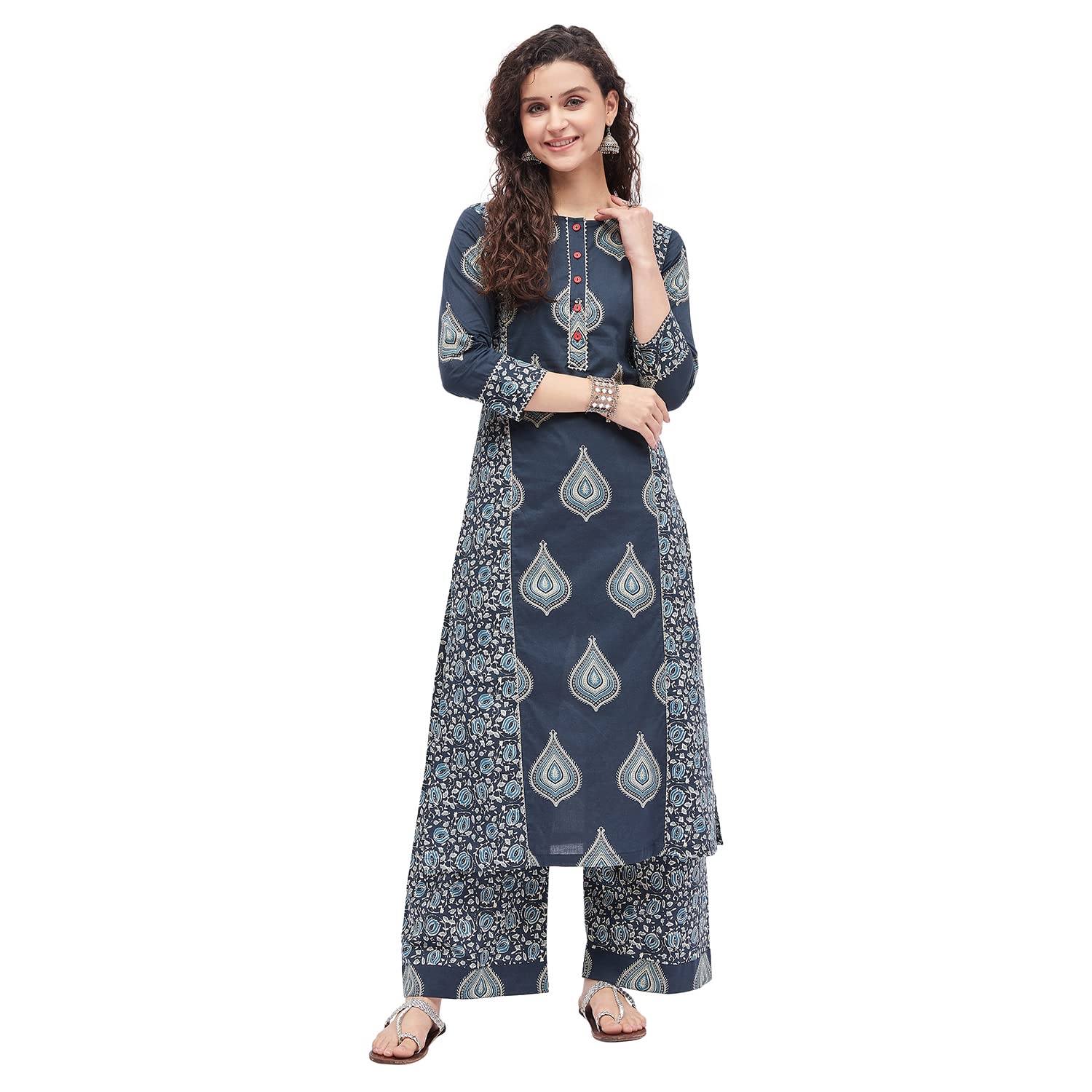 Tissu Women'S Cotton Blue & Sea Green Printed Kurta With Palazzo (Tis-632_Blue_Xxl)