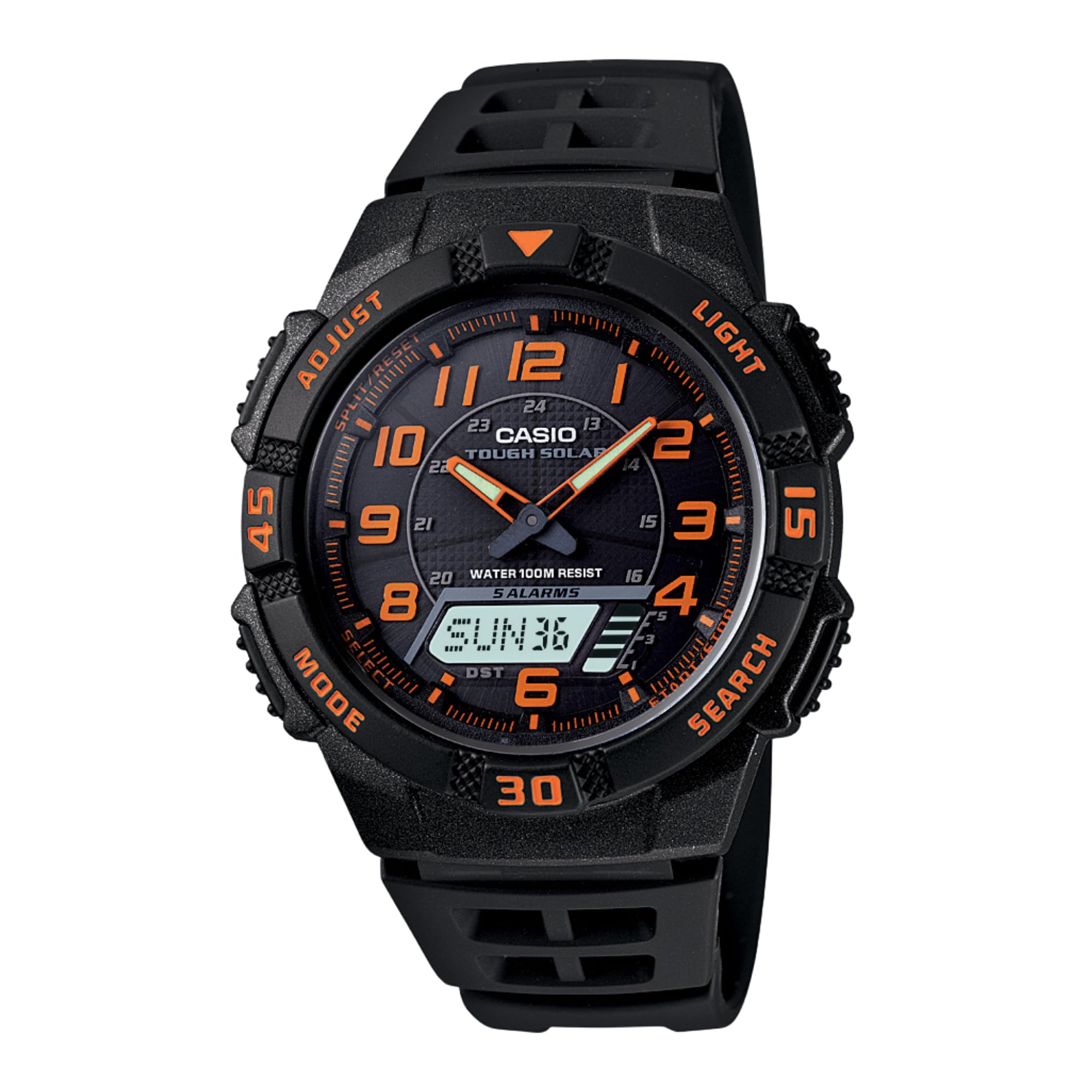 Casio AQS800W Series | Analog Digital Watch | Black/Orange | 100M WR | Solar Powered | 1/100 SEC Stop Watch | 6-Language Day of 