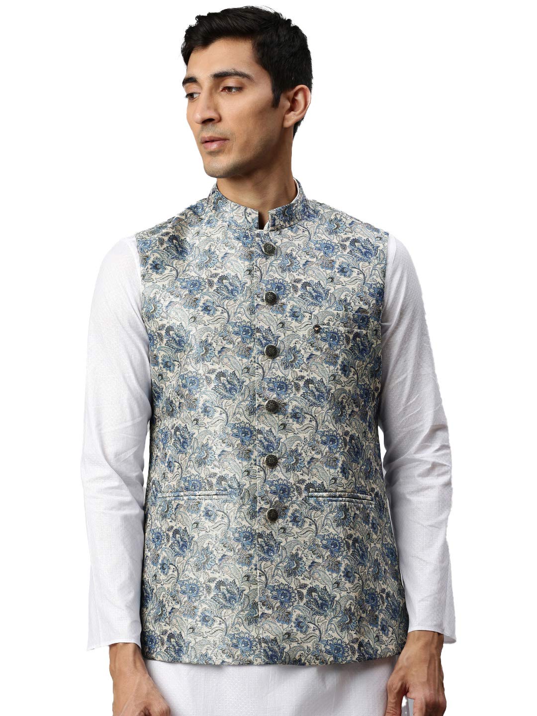 Manyavar Selfdesign Stylish Nehru Jacket For Men - (Blue, Large), (Jac165-339)