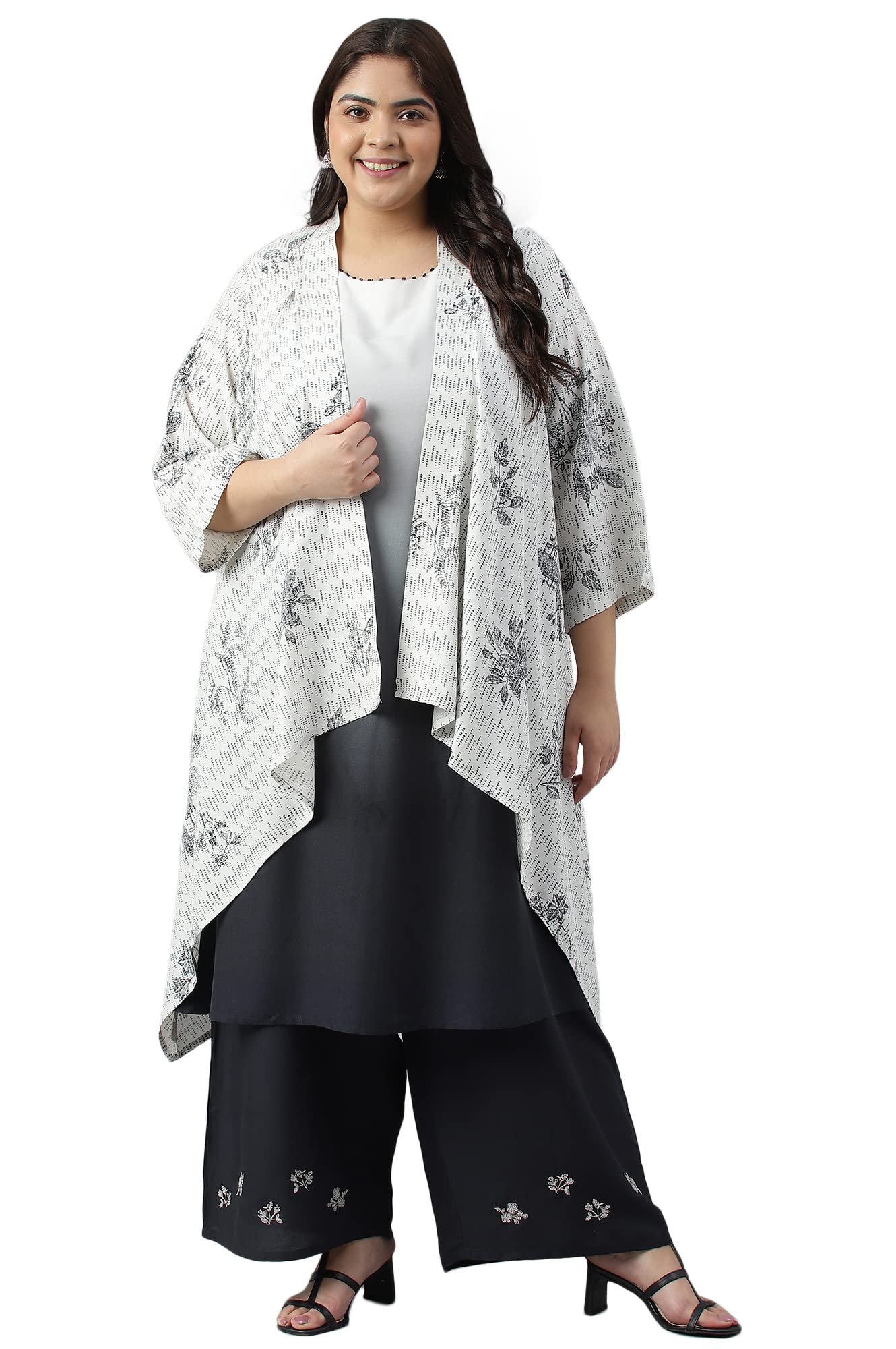 W For Woman Plus Size White And Deep Blue Ombre Kurta With Printed Gilet And Parallel Pants_22Auws18100G-118513_4Xl